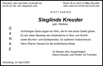 Traueranzeige von Sieglinde Kreuder von Giessener Allgemeine, Alsfelder Allgemeine