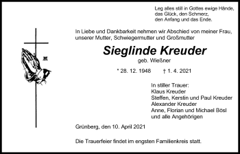 Traueranzeige von Sieglinde Kreuder von Giessener Allgemeine, Alsfelder Allgemeine