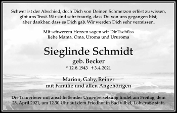 Traueranzeige von Sieglinde Schmidt von Bad Vilbel/Karben