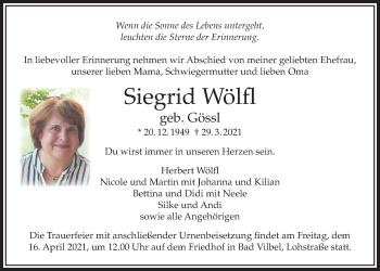 Traueranzeige von Siegrid Wölfl von Bad Vilbel/Karben
