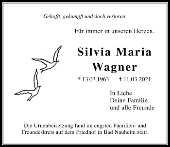 Traueranzeige von Silvia Maria Wagner von Giessener Allgemeine, Alsfelder Allgemeine, Wetterauer Zeitung