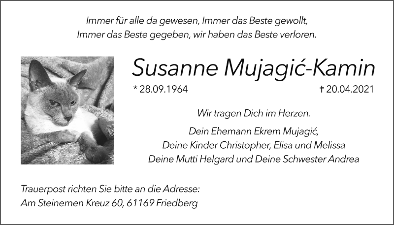  Traueranzeige für Susanne Mujagic-Kamin vom 24.04.2021 aus Wetterauer Zeitung
