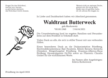 Traueranzeige von Waldtraut Butterweck von Wetterauer Zeitung