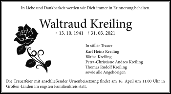 Traueranzeige von Waltraud Kreiling von Giessener Allgemeine, Alsfelder Allgemeine