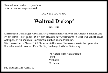 Traueranzeige von Waltrud Dickopf von Wetterauer Zeitung