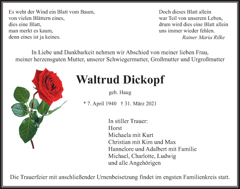  Traueranzeige für Waltrud Dickopf vom 14.04.2021 aus Wetterauer Zeitung