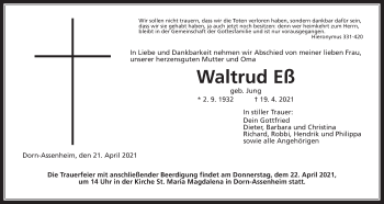 Traueranzeige von Waltrud Eß von Wetterauer Zeitung