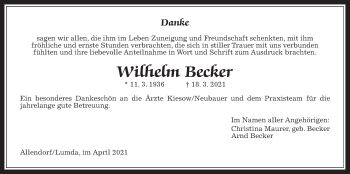 Traueranzeige von Wilhelm Becker von Allendorfer Mitteilungen