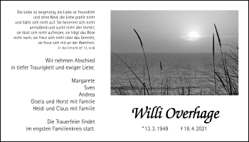 Traueranzeige von Willi Overhage von Wetterauer Zeitung