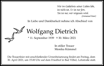 Traueranzeige von Wolfgang Dietrich von Bad Vilbel/Karben