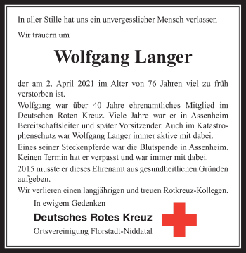 Traueranzeige von Wolfgang Langer von Wetterauer Zeitung