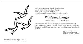 Traueranzeige von Wolfgang Langer von Wetterauer Zeitung