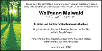 Traueranzeige von Wolfgang Maiwald von Giessener Allgemeine, Alsfelder Allgemeine