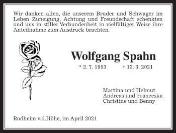 Traueranzeige von Wolfgang Spahn von Wetterauer Zeitung