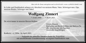 Traueranzeige von Wolfgang Zinnert von Wetterauer Zeitung