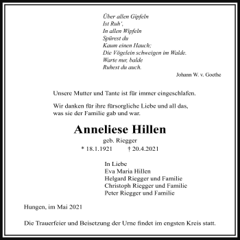Traueranzeige von Anneliese Hillen von Licher Wochenblatt