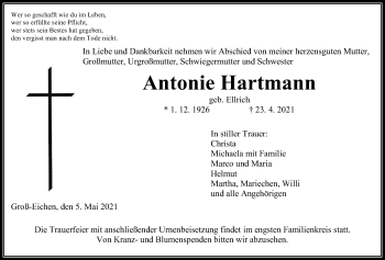 Traueranzeige von Antonie Hartmann von Alsfelder Allgemeine