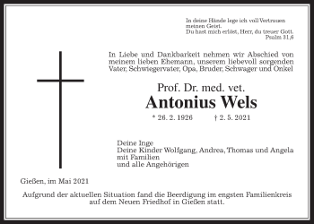 Traueranzeige von Antonius Wels von Giessener Allgemeine, Alsfelder Allgemeine