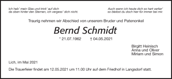 Traueranzeige von Bernd Schmidt von Giessener Allgemeine, Alsfelder Allgemeine