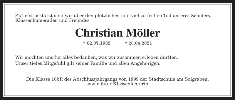 Traueranzeige für Christian Möller vom 08.05.2021 aus Wetterauer Zeitung
