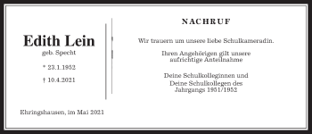 Traueranzeige von Edith Lein von Alsfelder Allgemeine