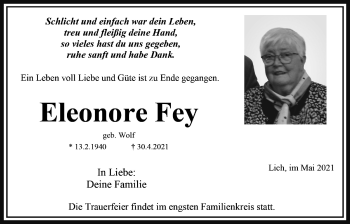 Traueranzeige von Eleonore Fey von Licher Wochenblatt