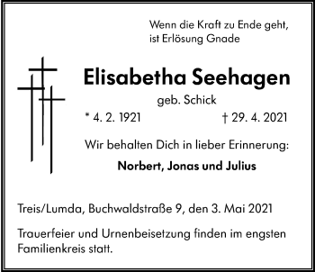 Traueranzeige von Elisabetha Seehagen von Giessener Allgemeine, Alsfelder Allgemeine