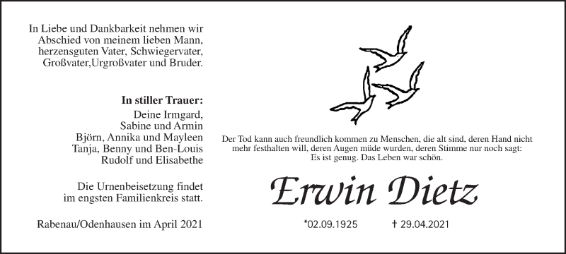  Traueranzeige für Erwin Dietz vom 05.05.2021 aus Wetterauer Zeitung, Giessener Allgemeine, Alsfelder Allgemeine