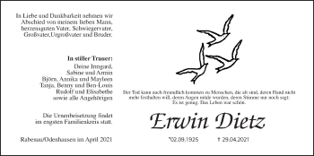 Traueranzeige von Erwin Dietz von Rabenauer Zeitung