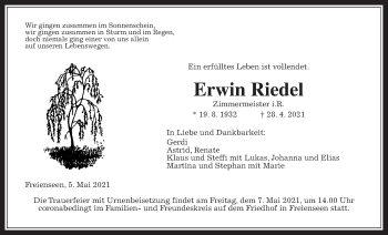 Traueranzeige von Erwin Riedel von Giessener Allgemeine, Alsfelder Allgemeine, Laubacher Anzeiger