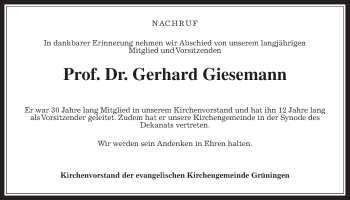 Traueranzeige von Gerhard Giesemann von Pohlheimer Nachrichten