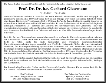 Traueranzeige von Gerhard Giesemann von Giessener Allgemeine, Alsfelder Allgemeine