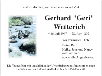 Traueranzeige von Gerhard Wetterich von Wetterauer Zeitung