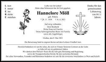 Traueranzeige von Hannelore Möll von Giessener Allgemeine, Alsfelder Allgemeine