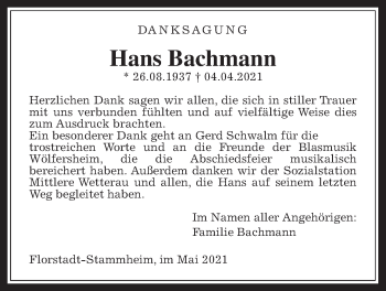 Traueranzeige von Hans Bachmann von Wetterauer Zeitung