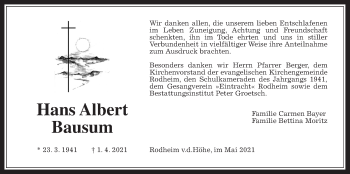 Traueranzeige von Hans Albert Bausum von Wetterauer Zeitung