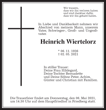 Traueranzeige von Heinrich Wiertelorz von Wetterauer Zeitung