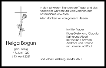 Traueranzeige von Helga Bogun von Bad Vilbel/Karben