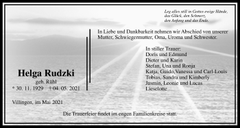 Traueranzeige von Helga Rudzki von Licher Wochenblatt