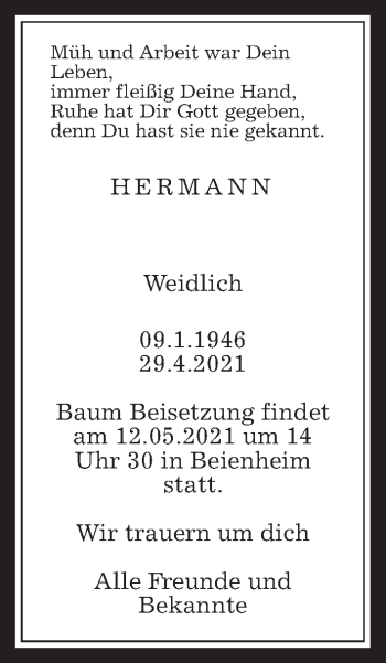 Traueranzeige von Hermann Weidlich von Wetterauer Zeitung