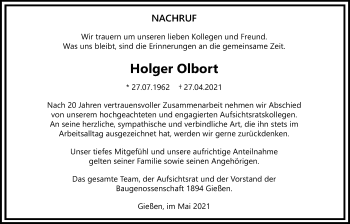 Traueranzeige von Holger Olbert von Giessener Allgemeine, Alsfelder Allgemeine