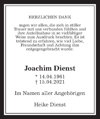 Traueranzeige von Joachim Dienst von Wetterauer Zeitung