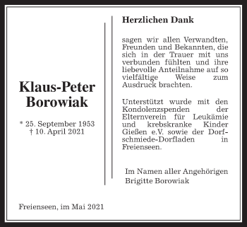 Traueranzeige von Klaus-Peter Borowiak von Laubacher Anzeiger