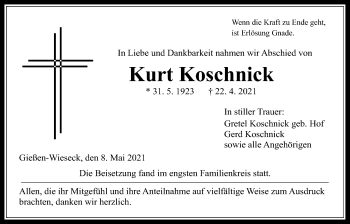 Traueranzeige von Kurt Koschnick von Giessener Allgemeine, Alsfelder Allgemeine