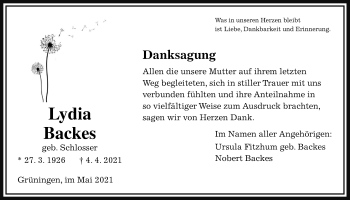 Traueranzeige von Lydia Backes von Pohlheimer Nachrichten