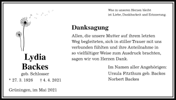 Traueranzeige von Lydia Backes von Giessener Allgemeine, Alsfelder Allgemeine