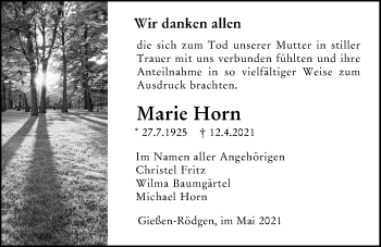 Traueranzeige von Marie Horn von Giessener Allgemeine, Alsfelder Allgemeine