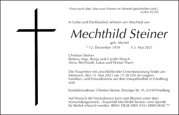 Traueranzeige von Mechthild Steiner von Wetterauer Zeitung
