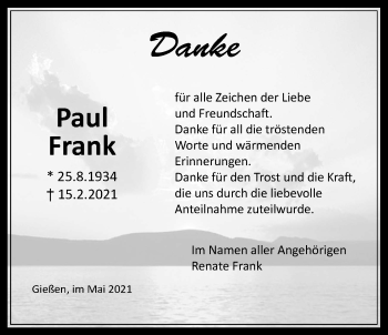 Traueranzeige von Paul Frank von Giessener Allgemeine, Alsfelder Allgemeine