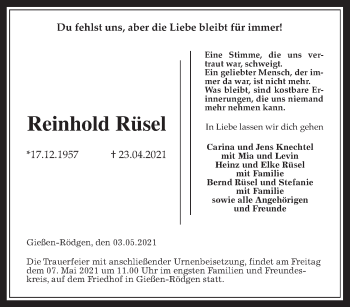Traueranzeige von Reinhold Rüsel von Wetterauer Zeitung, Giessener Allgemeine, Alsfelder Allgemeine